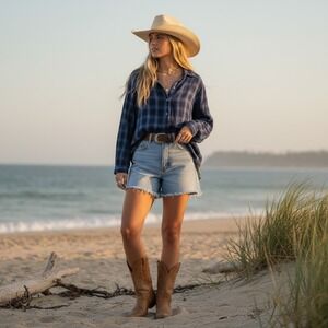 Umgee Plaid Tunic Top Blue Frayed Hem Button Up Layered Boho Coastal Cowgirl S